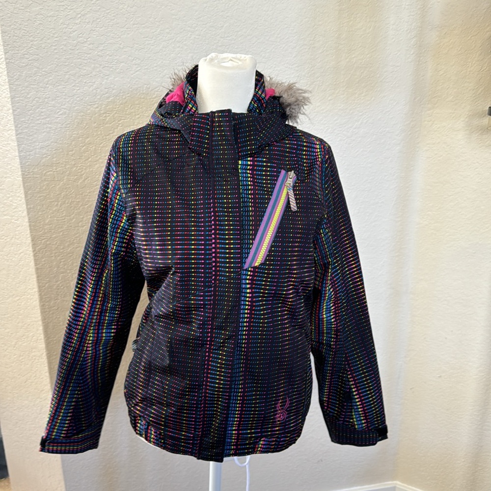 Spyder Lola Girls snow ski jacket winter black multi colored rainbow sz 12